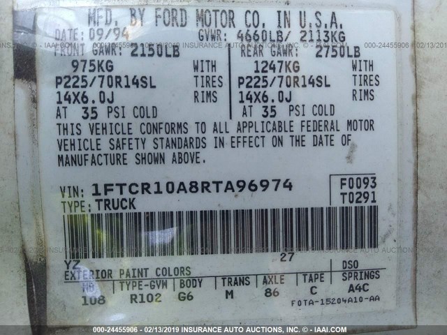 1FTCR10A8RTA96974 - 1994 FORD RANGER WHITE photo 9