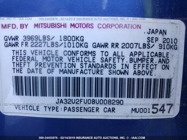 JA32U2FU0BU008290 - 2011 MITSUBISHI LANCER ES/ES SPORT BLUE photo 9