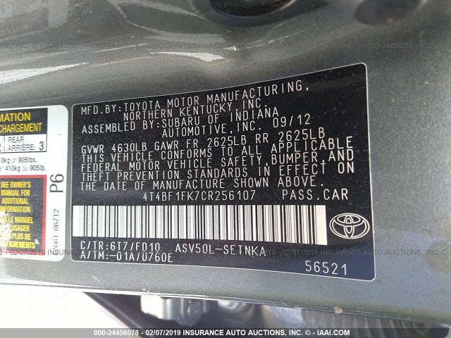 4T4BF1FK7CR256107 - 2012 TOYOTA CAMRY SE/LE/XLE GRAY photo 9