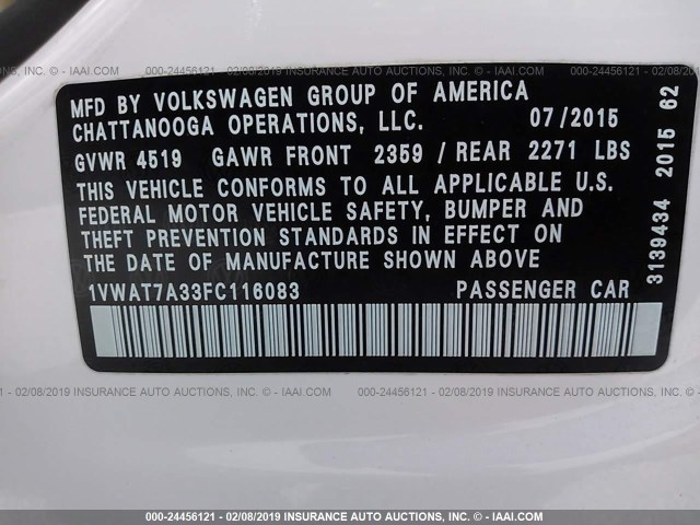 1VWAT7A33FC116083 - 2015 VOLKSWAGEN PASSAT S WHITE photo 9