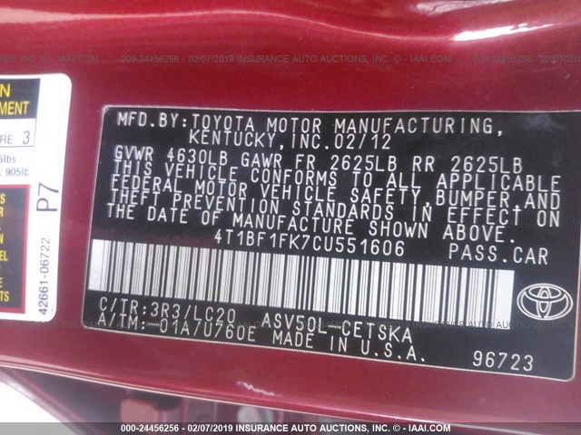 4T1BF1FK7CU551606 - 2012 TOYOTA CAMRY SE/LE/XLE 银色 照片 9