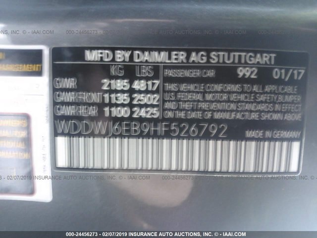 WDDWJ6EB9HF526792 - 2017 MERCEDES-BENZ C GRAY photo 9