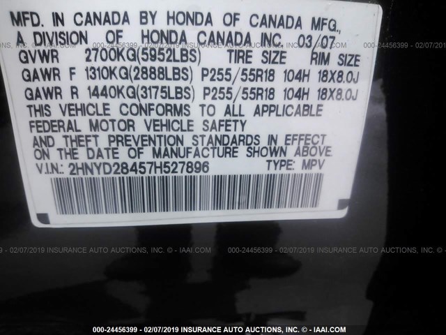 2HNYD28457H527896 - 2007 ACURA MDX TECHNOLOGY BLACK photo 9