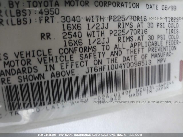 JT6HF10U4Y0098513 - 2000 LEXUS RX 300 SILVER photo 9