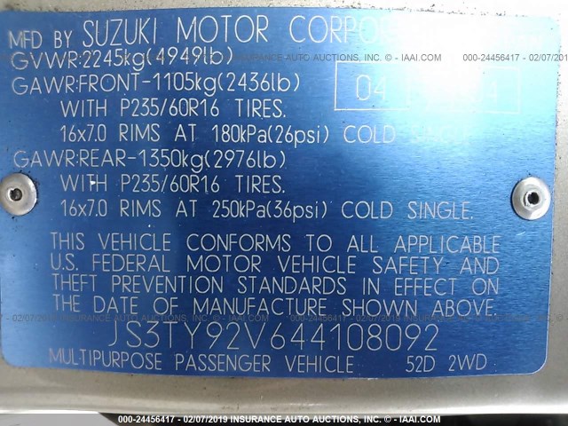 JS3TY92V644108092 - 2004 SUZUKI XL7 EX/LX GOLD photo 9