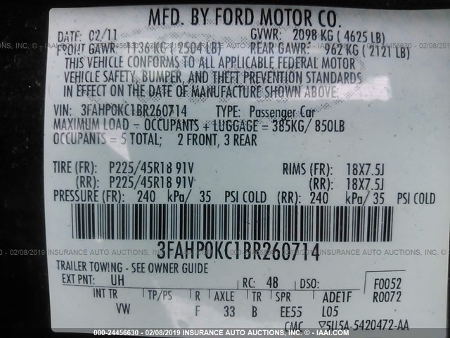 3FAHP0KC1BR260714 - 2011 FORD FUSION SPORT BLACK photo 9