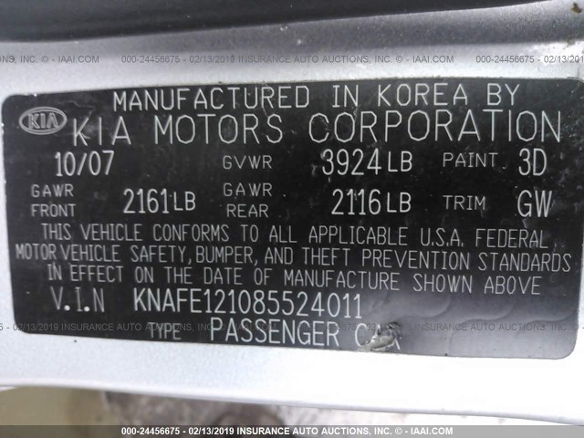 KNAFE121085524011 - 2008 KIA SPECTRA EX/LX/SX SILVER photo 9