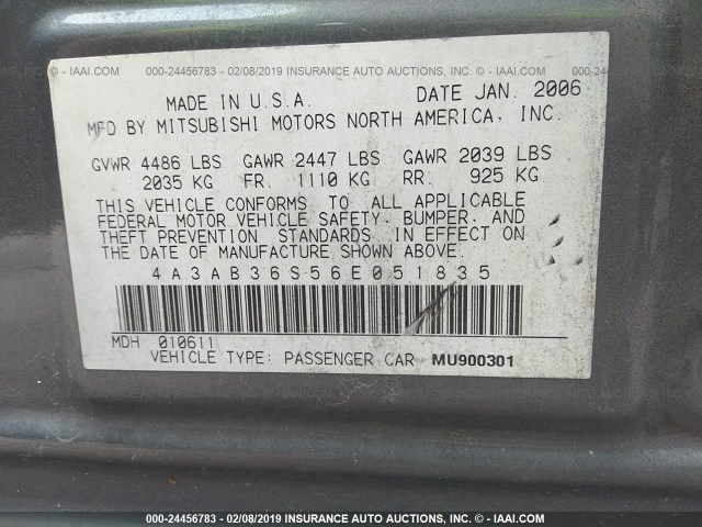 4A3AB36S56E051835 - 2006 MITSUBISHI GALANT LS MEDIUM GRAY photo 9