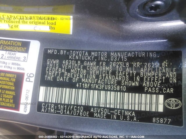 4T1BF1FK3FU935810 - 2015 TOYOTA CAMRY LE/XLE/SE/XSE 灰色 照片 9