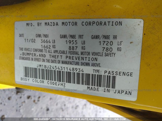 JM1BJ245431148934 - 2003 MAZDA PROTEGE PR5 YELLOW photo 9