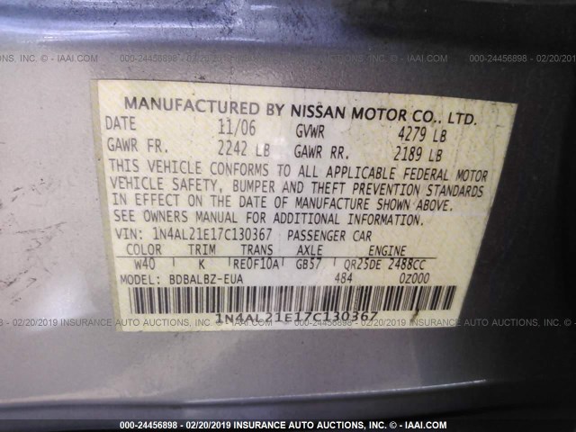 1N4AL21E17C130367 - 2007 NISSAN ALTIMA 2.5/2.5S SILVER photo 9