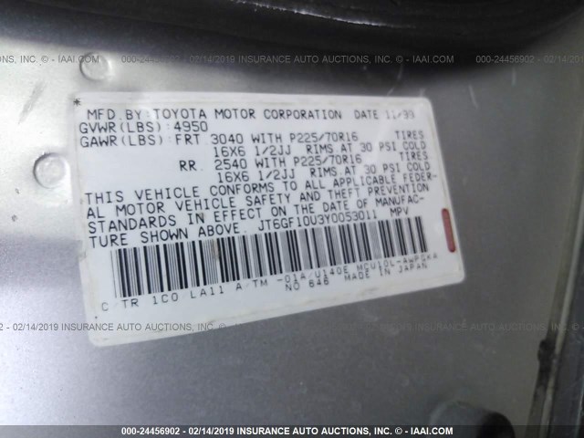 JT6GF10U3Y0053011 - 2000 LEXUS RX 300 GRAY photo 9