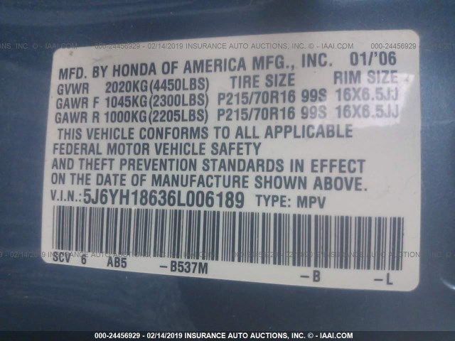 5J6YH18636L006189 - 2006 HONDA ELEMENT EX BLUE photo 9