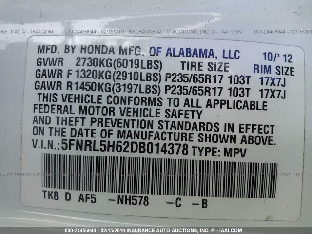 5FNRL5H62DB014378 - 2013 HONDA ODYSSEY EXL WHITE photo 9