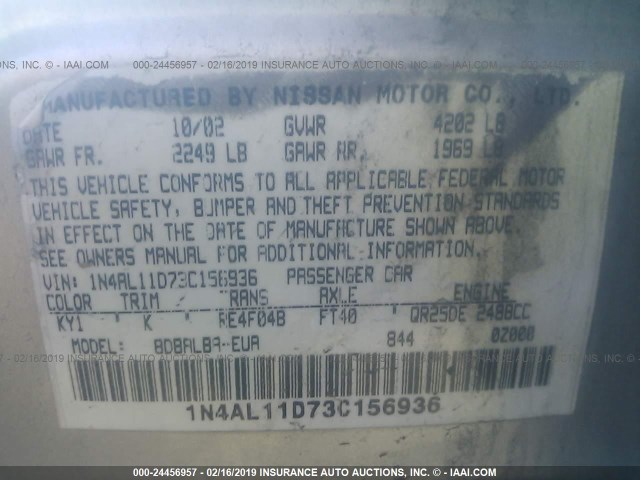 1N4AL11D73C156936 - 2003 NISSAN ALTIMA S/SL SILVER photo 9