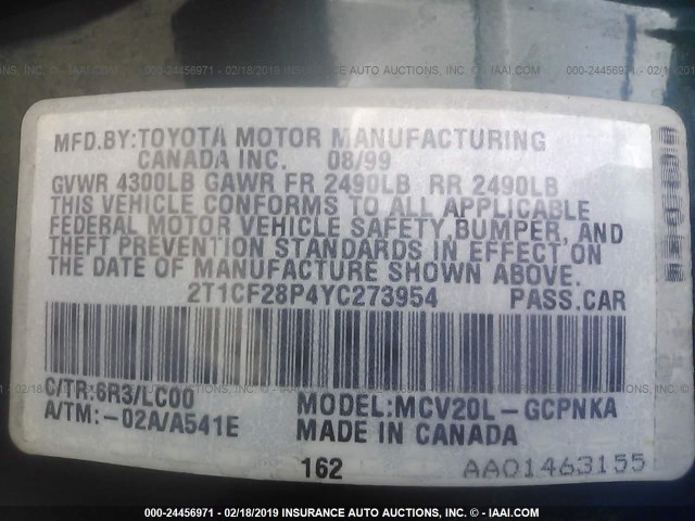 2T1CF28P4YC273954 - 2000 TOYOTA CAMRY SOLARA SE/SLE GREEN photo 9