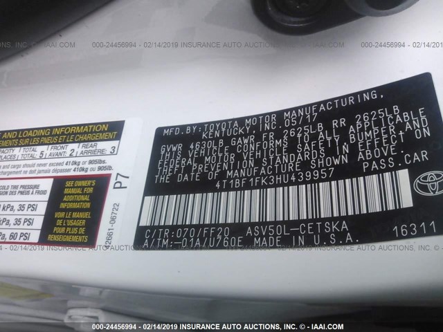 4T1BF1FK3HU439957 - 2017 TOYOTA CAMRY LE/XLE/SE/XSE 白色 照片 9