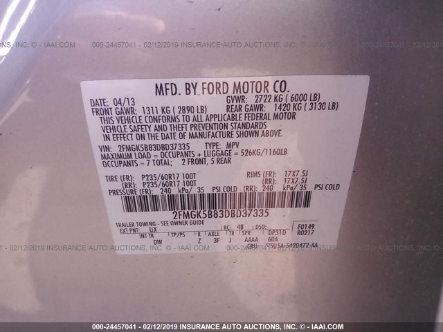 2FMGK5B83DBD37335 - 2013 FORD FLEX SE SILVER photo 9