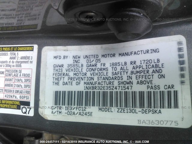 1NXBR32E35Z471547 - 2005 TOYOTA COROLLA CE/LE/S GRAY photo 9