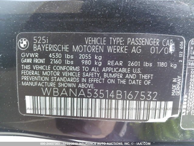 WBANA53514B167532 - 2004 BMW 525 I BLACK photo 9