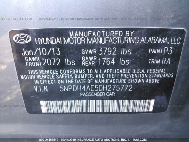 5NPDH4AE5DH275772 - 2013 HYUNDAI ELANTRA GLS/LIMITED GRAY photo 9