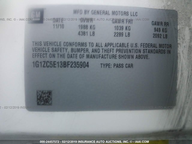 1G1ZC5E13BF235904 - 2011 CHEVROLET MALIBU 1LT 奶油色 照片 9