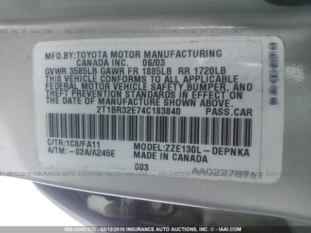 2T1BR32E74C183840 - 2004 TOYOTA COROLLA CE/LE/S SILVER photo 9