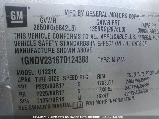 1GNDV23167D124383 - 2007 CHEVROLET UPLANDER LS SILVER photo 9