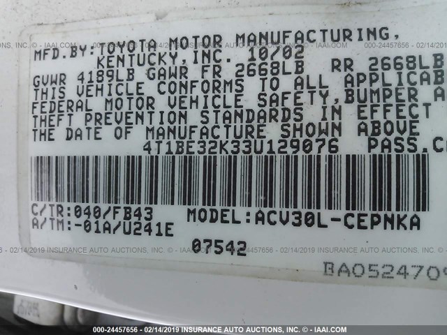 4T1BE32K33U129076 - 2003 TOYOTA CAMRY LE/XLE/SE WHITE photo 9