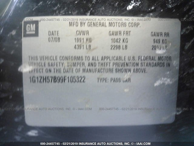 1G1ZH57B99F105322 - 2009 CHEVROLET MALIBU 1LT 黑色 照片 9