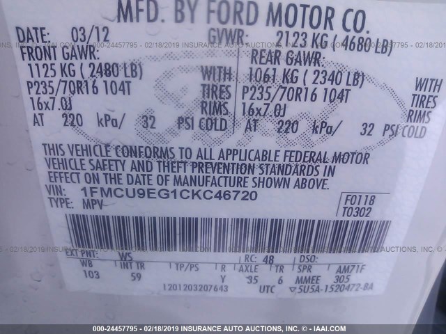 1FMCU9EG1CKC46720 - 2012 FORD ESCAPE LIMITED WHITE photo 9