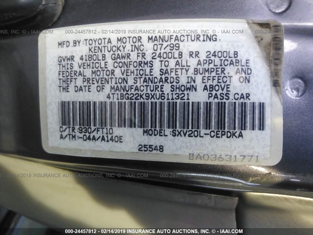 4T1BG22K9XU611321 - 1999 TOYOTA CAMRY CE/LE/XLE GRAY photo 9