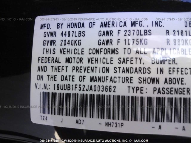 19UUB1F52JA003662 - 2018 ACURA TLX TECH შავი ფოტო 9