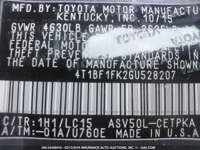 4T1BF1FK2GU528207 - 2016 TOYOTA CAMRY LE/XLE/SE/XSE GRAY photo 9