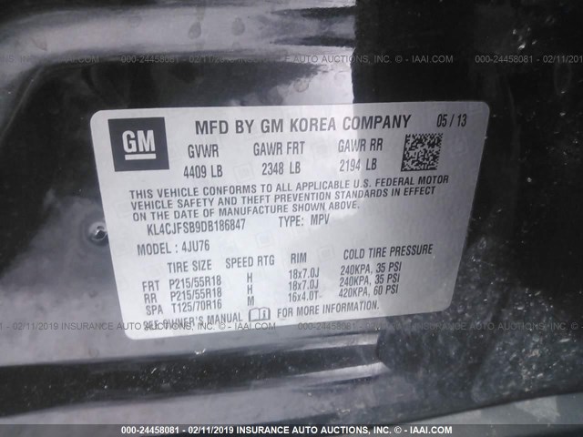 KL4CJFSB9DB186847 - 2013 BUICK ENCORE CONVENIENCE BLACK photo 9