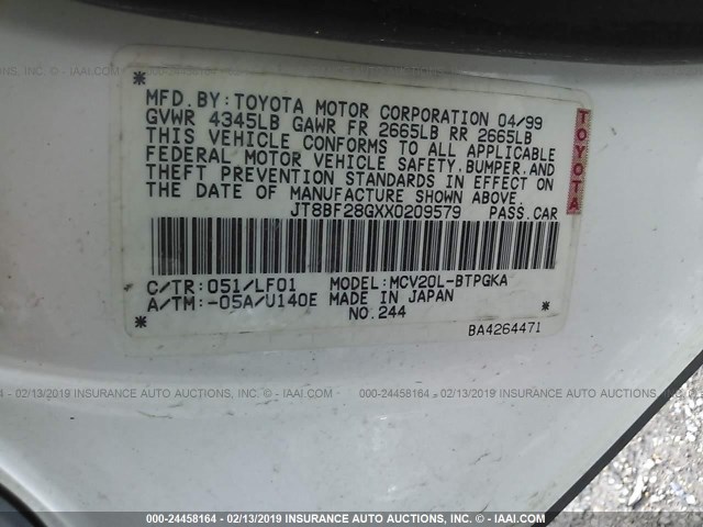 JT8BF28GXX0209579 - 1999 LEXUS ES 300 WHITE photo 9