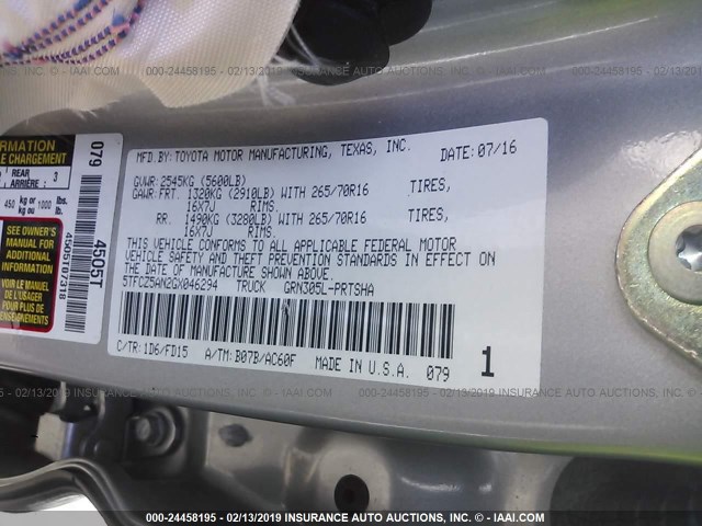 5TFCZ5AN2GX046294 - 2016 TOYOTA TACOMA DBL CAB/SR/SR5/TRD SPT/OR SILVER photo 9