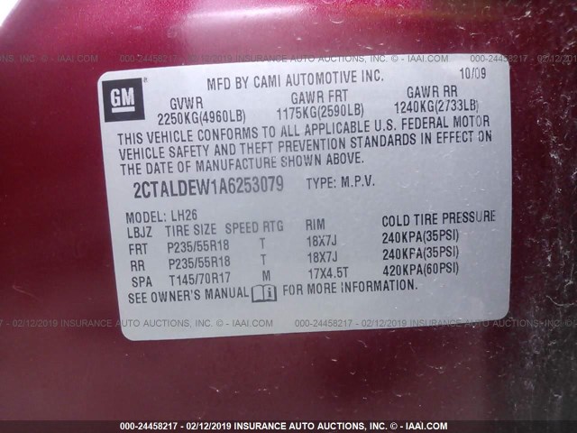 2CTALDEW1A6253079 - 2010 GMC TERRAIN SLE MAROON photo 9