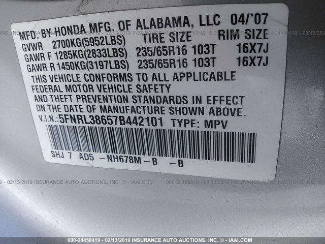 5FNRL38657B442101 - 2007 HONDA ODYSSEY EXL SILVER photo 9