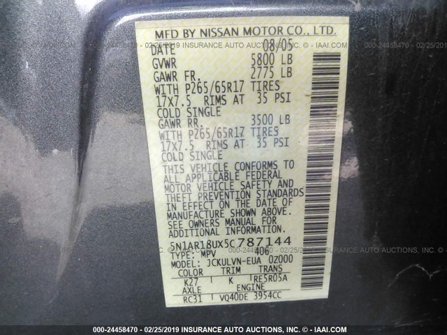 5N1AR18UX5C787144 - 2005 NISSAN PATHFINDER LE/SE/XE GRAY photo 9