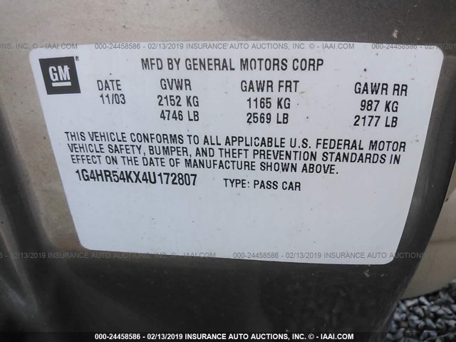 1G4HR54KX4U172807 - 2004 BUICK LESABRE LIMITED BEIGE photo 9