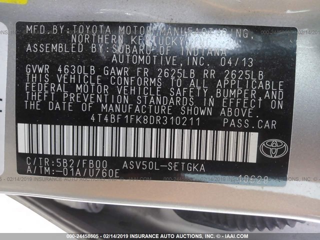 4T4BF1FK8DR310211 - 2013 TOYOTA CAMRY L/SE/LE/XLE GOLD photo 9