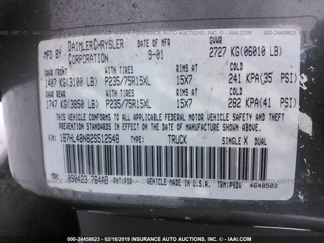 1B7HL48N82S512548 - 2002 DODGE DAKOTA QUAD SLT GRAY photo 9