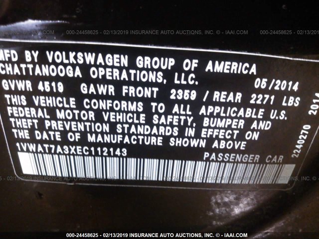 1VWAT7A3XEC112143 - 2014 VOLKSWAGEN PASSAT S BLACK photo 9