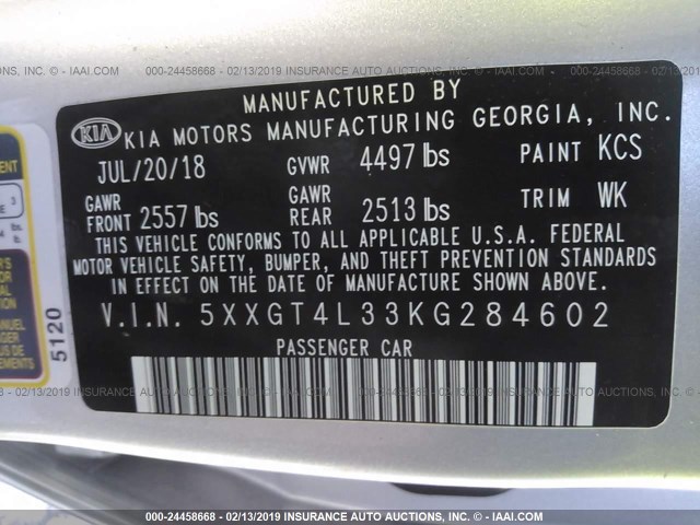 5XXGT4L33KG284602 - 2019 KIA OPTIMA LX/S SILVER photo 9