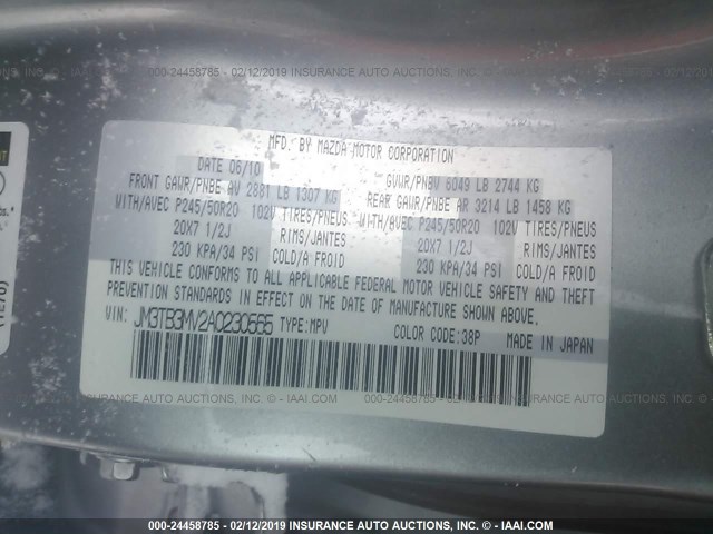 JM3TB3MV2A0230565 - 2010 MAZDA CX-9 SILVER photo 9