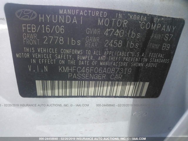 KMHFC46F06A087319 - 2006 HYUNDAI AZERA SE/LIMITED SILVER photo 9