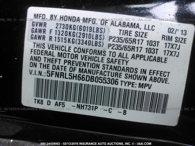 5FNRL5H66DB055306 - 2013 HONDA ODYSSEY EXL BLACK photo 9