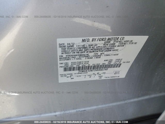 2FMGK5D87DBD06540 - 2013 FORD FLEX LIMITED SILVER photo 9