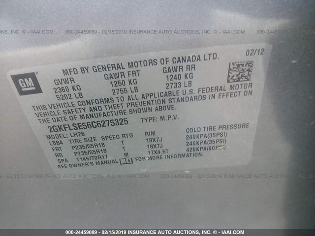 2GKFLSE56C6275325 - 2012 GMC TERRAIN SLE GRAY photo 9